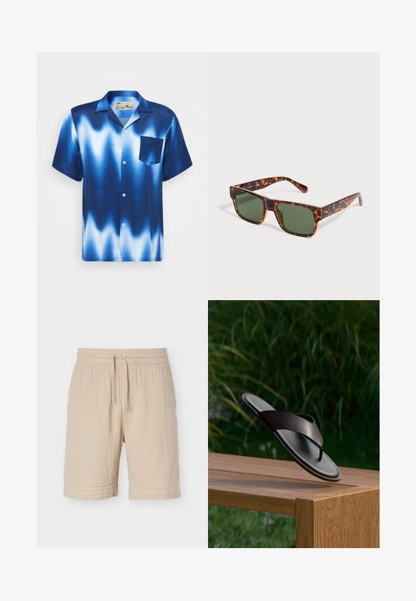 Camisa de manga corta abotonada en degradado azul con olas blancas. Presenta un bolsillo en el pecho y un tejido suave y brillante.; Pantalones cortos beige de mezcla de algodón con cintura elástica, cordón ajustable, tela texturizada y bajo a la altura de la rodilla.; Sandalia de cuero negro con tira flotando sobre un banco de madera con follaje verde en el fondo desenfocado.; Gafas de sol rectangulares de carey con lentes verde oscuro, mostradas sobre un fondo blanco.