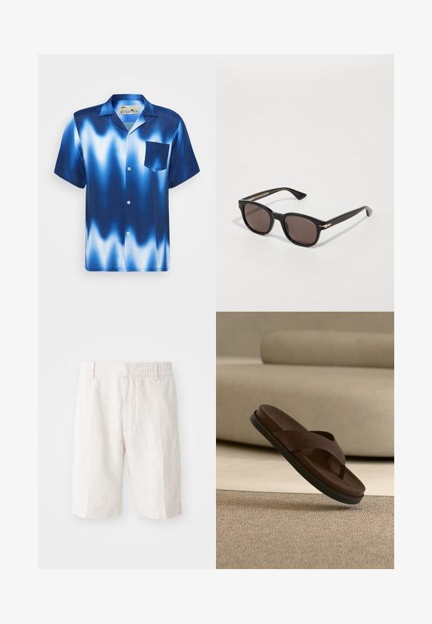 Kurze Ärmel Hemd mit Knopfleiste in einem Farbverlauf von Blau mit weißen Wellen. Verfügt über eine Brusttasche und einen glatten, glänzenden Stoff.; Leinen-Shorts in hellem Beige mit einem elastischen Bund, seitlichen Taschen und geradem Schnitt. Glatte Textur mit minimal sichtbaren Nähten.; Braune Lederflipflop-Sandale mit schwarzer Sohle, die über einem beigen Teppich in einer neutraltonigen Inneneinrichtung schwebt.; Schwarze Sonnenbrille mit einem runden Rahmen, braun getönten Gläsern und goldenen Akzenten an den Bügeln. Texturierte schwarze Bügel mit einem markanten Design.