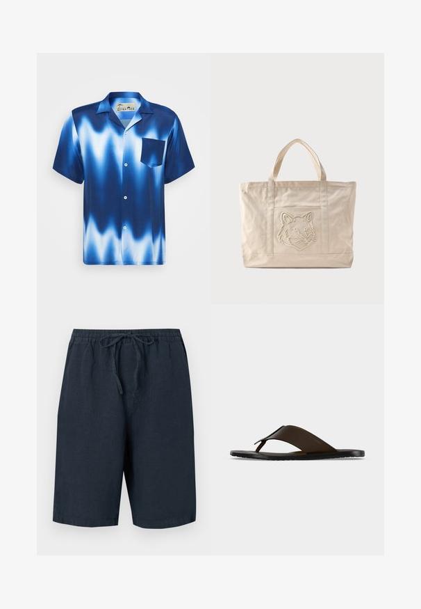 Camisa de manga corta abotonada en degradado azul con olas blancas. Presenta un bolsillo en el pecho y un tejido suave y brillante.; Pantalones cortos de lino en azul marino oscuro con cinturilla elástica y cordón ajustable. Cuenta con bolsillos laterales y un corte relajado.; Sandalia chancla de cuero marrón oscuro con correa ancha en el tobillo y suela plana negra mostrada de perfil sobre fondo gris.; Bolsa tote de lona beige con asas dobles y un diseño en relieve de la cabeza de un lobo en el bolsillo frontal.