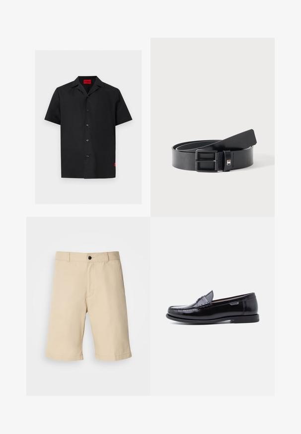 Chemise noire à manches courtes avec boutons, col camp et une étiquette rouge « HUGO » à l'intérieur de l'encolure ainsi qu'une petite étiquette rouge sur le bas côté.; Shorts beiges en tissu léger, avec une taille plate, une taille standard avec fermeture à bouton, et un ourlet droit.; Mocassins en cuir noir avec une finition brillante, présentant un motif cousu sur l'avant-pied et une semelle en caoutchouc noire texturée et basse.; Ceinture en cuir noir avec boucle métallique noire mate, légèrement enroulée avec l'extrémité de la lanière reposant sur une surface blanche.