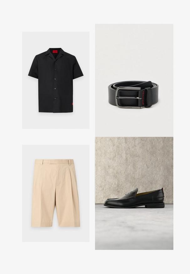 Chemise noire à manches courtes avec boutons, col camp et une étiquette rouge « HUGO » à l'intérieur de l'encolure ainsi qu'une petite étiquette rouge sur le bas côté.; Shorts beige mi-long cintrés avec passants pour ceinture, plis à l'avant et fermeture éclair cachée sur le devant.; Mocassin pour homme en cuir noir avec un dessus embossé effet croco et un petit talon, présenté de profil sur un fond neutre.; Ceinture en cuir noir avec une boucle argentée et des coutures rouges, enroulée sur un fond clair uni.