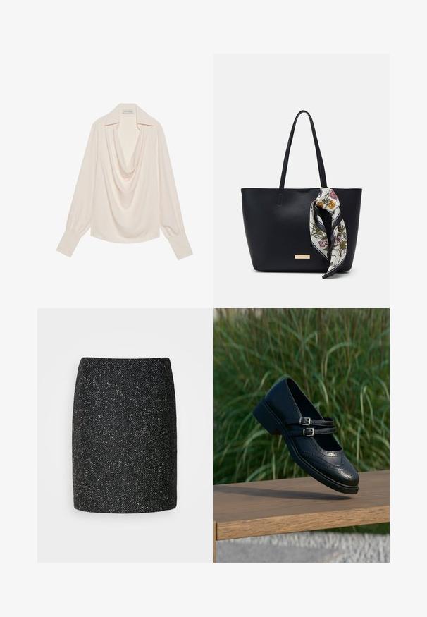 Langærmet bluse med krave i lys crèmefarvet stof, der har en afslappet pasform, opfoldede manchetter og sømløs drapering ved halsudskæringen.; Sort tweed mini nederdel med et fiskebensmønster, struktureret form og tekstureret stof. Nederdelens kant er lige og pænt afsluttet.; Sort læder Mary Jane-sko med dobbelte spænder og brogue-detaljer, der svæver over en træbænk med grøn græsbaggrund.; Sort læder tote taske med to skulderremme, prydet med et blomsterprint silkeslør bundet om håndtaget og en metallisk logo detalje på forsiden.