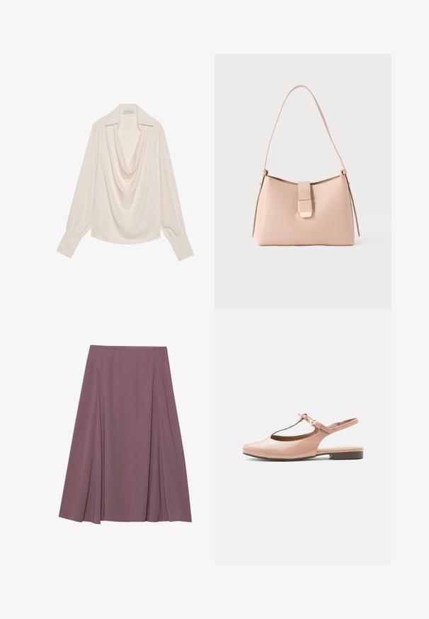 Blouse met col van lichtcrème stof, met lange mouwen, een ontspannen pasvorm, omgeslagen manchetten en naadloze draping bij de halslijn.; Een knie-lange rok in een gedempte mauve kleur, gemaakt van lichte stof met een geplooid design en een gladde textuur. Geen zichtbare sluitingen.; Nude lakleren platte schoen met T-strap, gespsluiting, gesloten puntige neus en slingback hak op een witte achtergrond.; Lichtroze handtas met een gebogen vorm, gemaakt van een gestructureerd materiaal. Heeft een platte riem en een goudkleurig sluitingsdetail aan de voorkant.