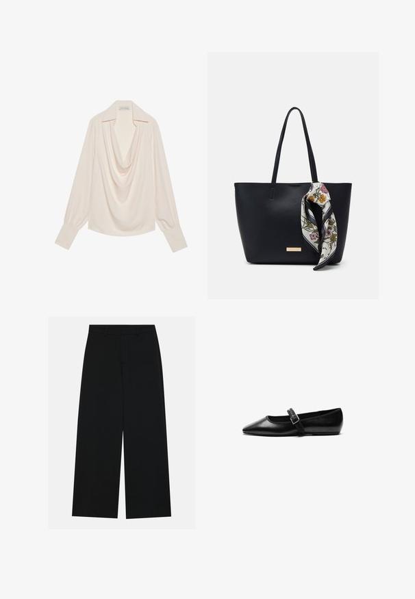Blouse à manches longues et col cheminée en tissu crème clair, avec une coupe décontractée, des poignets roulés et un drapé sans couture au niveau du col.; Pantalons noirs à jambe large en tissu lisse. Dotés d'une taille plate avec passants de ceinture et sans poches visibles. Design simple.; Chaussure noire plate en cuir avec un bout pointu, bride réglable avec une boucle en métal, texture lisse et design minimaliste.; Sac fourre-tout en cuir noir avec deux poignées, orné d'une écharpe en soie florale attachée à la poignée et d'un accent logo métallique à l'avant.