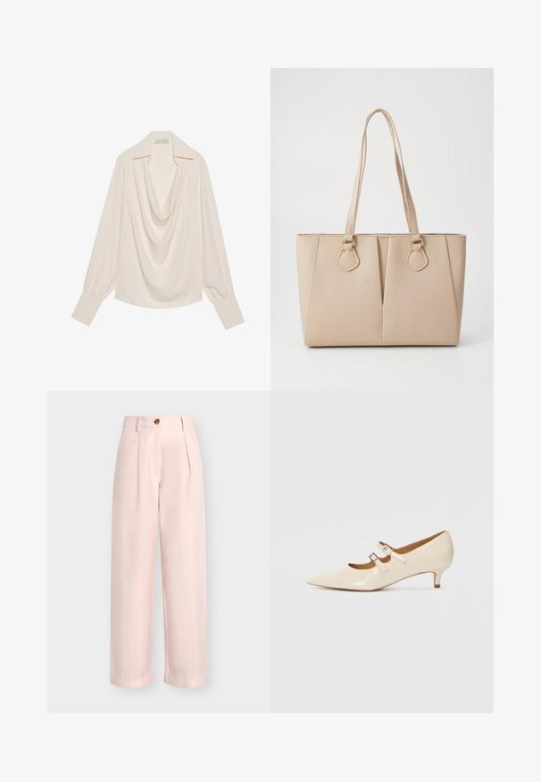 Blouse à manches longues et col cheminée en tissu crème clair, avec une coupe décontractée, des poignets roulés et un drapé sans couture au niveau du col.; Pantalon taille haute rose clair à jambes larges avec plis sur le devant, passants pour ceinture et fermeture par un bouton marron.; Chaussures Mary Jane en cuir verni beige avec deux boucles ajustables, bout pointu et un petit talon. Texture lisse avec un fini brillant.; Sac fourre-tout beige en faux cuir texturé, doté de poignées doubles et d'accents en métal doré. Le design présente un détail avant fendu.