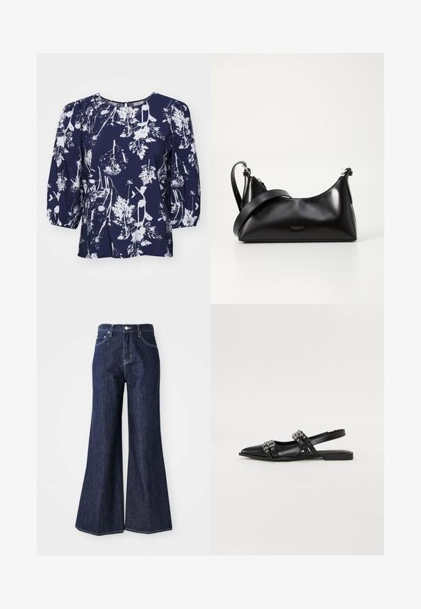 Blouse bleu marine avec motif botanique blanc, col rond et manches bouffantes. Tissu texturé avec une coupe ample et un subtil éclat.; Jean flare en denim foncé avec taille haute, présentant une fermeture à bouton et zip. Des coutures blanches et des jambes larges créent une silhouette structurée.; Even&Odd by Zalando Ballerines à brides arrière - black; Sac à main en cuir noir avec une texture lisse. Dispose d'une bandoulière adjustable et d'un design élégant et minimaliste avec une fermeture éclair.