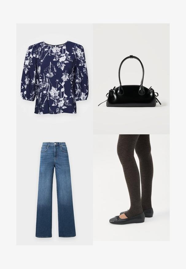 Blouse bleu marine avec motif botanique blanc, col rond et manches bouffantes. Tissu texturé avec une coupe ample et un subtil éclat.; Jeans en denim à jambes larges de couleur bleu moyen, avec un effet d'éclaircissement progressif vers l'ourlet, dotés d'une fermeture à bouton et à glissière standard.; Jambes portant des leggings côtelés foncés associés à des ballerines noires avec de petits détails en nœud sur fond blanc.; Petit sac à main noir brillant avec deux longues anses et des détails à cordon sur les côtés sur un fond clair uni.