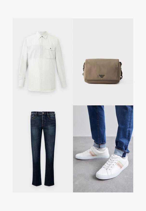 Camisa blanca de manga larga con botones, con sutiles rayas verticales y un bolsillo en el pecho, abotonado, en el lado izquierdo.; Jeans de mezclilla azul oscuro con un diseño de pierna recta, que cuentan con un estilo de cinco bolsillos, costuras visibles y un cierre de botón y cremallera.; Zapatillas de cuero blancas con rayas multicolores, diseño de cordones, suela de goma y cuello acolchado, combinadas con jeans de mezclilla azul.; Bolso bandolera rectangular color topo con cierre de solapa y pequeño emblema de logo metálico centrado en el frente sobre un fondo blanco.