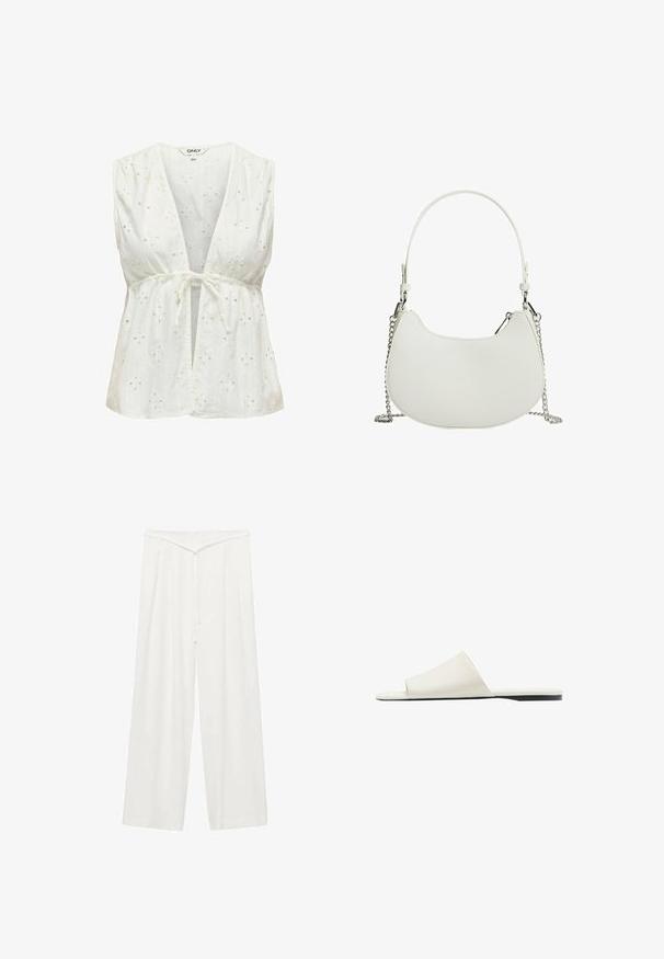Blouse blanche sans manches avec un décolleté en V profond et une taille à nouer. Comprend des broderies d'œillets avec des motifs floraux, une texture douce et un tissu léger.; Pantalon blanc à jambes larges avec une taille haute, dotés d'une ceinture à nouer, d'une texture douce et de plis avant pour plus de structure. Design minimal.; Sandale blanche à enfiler avec une large bride unique et une semelle plate, vue de côté sur fond blanc.; Sac à main synthétique blanc de forme courbée, avec une bandoulière en chaîne et un design minimaliste. Texture lisse avec des accents en métal argenté.