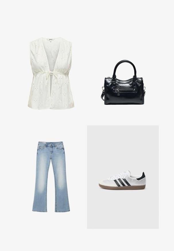 Blouse blanche sans manches avec un décolleté en V profond et une taille à nouer. Comprend des broderies d'œillets avec des motifs floraux, une texture douce et un tissu léger.; Jean en denim bleu clair avec l'avant délavé, conception à cinq poches, fermeture par bouton et jambes légèrement évasées.; Baskets en mesh blanc avec des rayures noires, un embout en daim beige et un accent sur le talon, semelle en caoutchouc texturée, et lacets blancs. Design classique à tige basse.; Sac à main en cuir noir brillant avec deux poignées, poche avant zippée et bandoulière amovible sur fond blanc.