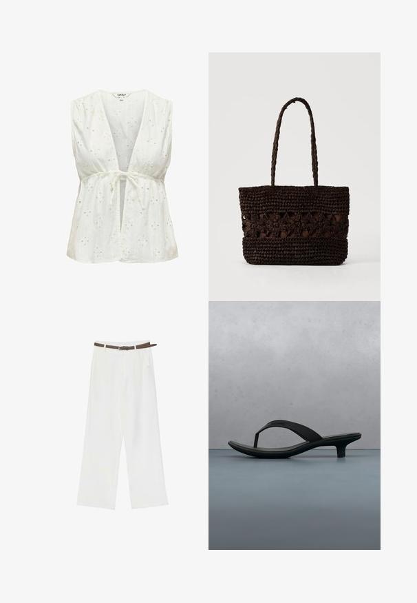 Blouse blanche sans manches avec un décolleté en V profond et une taille à nouer. Comprend des broderies d'œillets avec des motifs floraux, une texture douce et un tissu léger.; Pantalon blanc à jambes larges avec poches latérales et une ceinture fine marron passée dans les passants de ceinture.; Sandale noire à talonnettes Calvin Klein avec un petit talon, reposant sur un sol en carreaux de bois à l'extérieur, près d'un mur flou et de plantes.; Sac fourre-tout tissé brun foncé avec des motifs floraux et deux longues poignées tressées sur un fond clair uni.