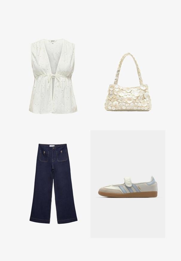 Blouse blanche sans manches avec un décolleté en V profond et une taille à nouer. Comprend des broderies d'œillets avec des motifs floraux, une texture douce et un tissu léger.; Pantalon en jean large bleu foncé à taille haute, poches plaquées à l'avant fermées par des boutons en métal et détails de coutures visibles.; adidas Originals SAMBA JANE BALLERINA - Babies - cloud white/halo blue; Petit sac à main crème avec plus de 50 boutons blancs de tailles variées couvrant le devant et la poignée sur un fond blanc uni.