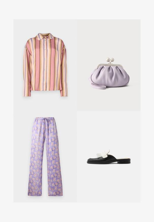 Hemd mit Knopfleiste, das vertikale Streifen in Pink, Pfirsich und Pastellfarben zeigt, mit Kragen und langen Ärmeln, aus glattem Stoff gefertigt.; Helle lila Blumenhose mit elastischem Bund und Kordelzug. Sie besteht aus einem soften Stoff, hat einen weit geschnittenen Schnitt und ein Muster aus rosa und grünen Blumen.; Schwarzer Leder-Mule mit niedrigem Absatz und weißem Fransen-Detail am Obermaterial, zum Hineinschlüpfen.; Weiche Lavendel-Clutch mit gerafftem Stoff, silbernem Kiss-Lock-Verschluss und passendem Handgelenksriemen auf hellem einfarbigem Hintergrund.