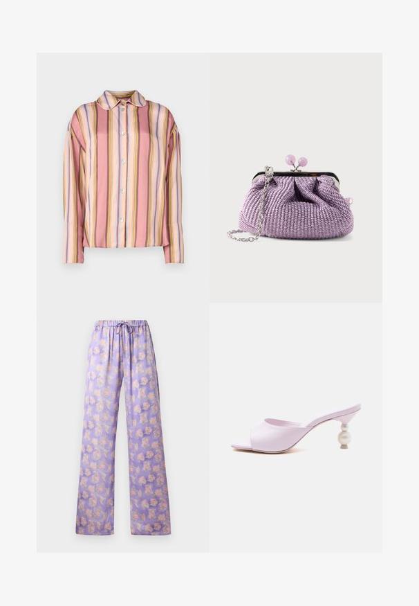 Overhemd met knopen, met verticale strepen in roze, perzik en pasteltinten, voorzien van een kraag en lange mouwen, gemaakt van gladde stof.; Lichtpaarse bloemenbroek met een elastische tailleband en trekkoord. Kenmerkt zich door een zachte stof, een wijduitlopende pasvorm en een patroon van roze en groene bloemen.; Lila open-toe mule met brede band en unieke decoratieve hak met gestapelde parelachtige bollen.; Lavendelkleurige geweven clutch tas met zilveren metalen frame, ronde lavendelkleurige sluiting en zilveren kettingriem op een effen lichte achtergrond.