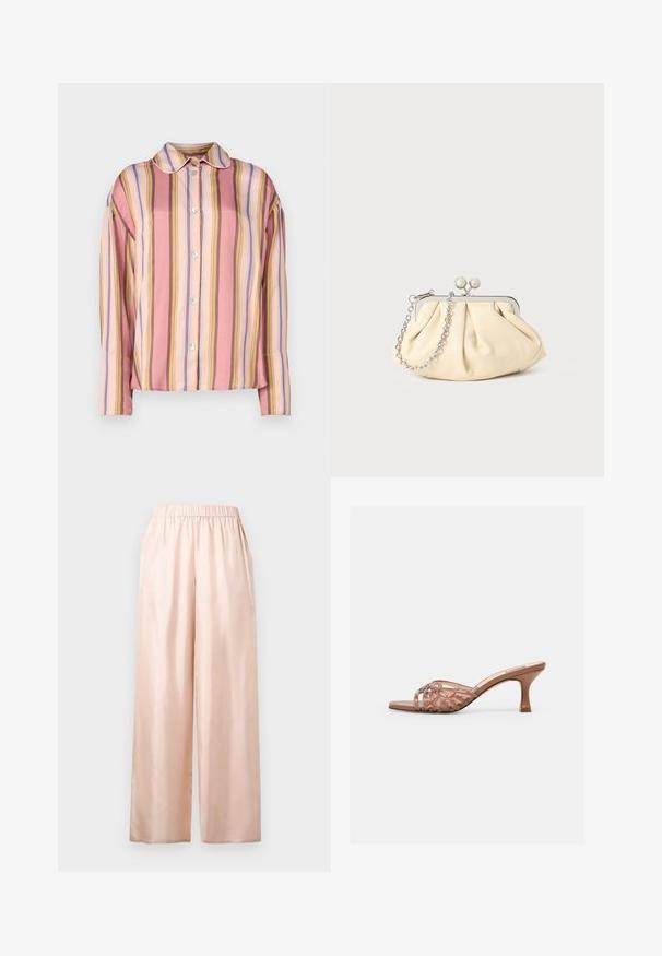 Camisa de botones con rayas verticales en tonos rosa, durazno y colores pastel, con cuello y mangas largas, hecha de tela suave.; Pantalones de satén rosa claro con un corte relajado, que cuentan con una cintura elástica y piernas anchas. Textura suave sin patrones o detalles visibles.; Sandalia mule marrón de punta abierta con tiras superiores tejidas y tacón curvado de altura media sobre un fondo blanco liso.; Clutch de cuero beige plisado con un marco de metal plateado, que cuenta con dos broches decorativos redondos y una correa de cadena plateada.