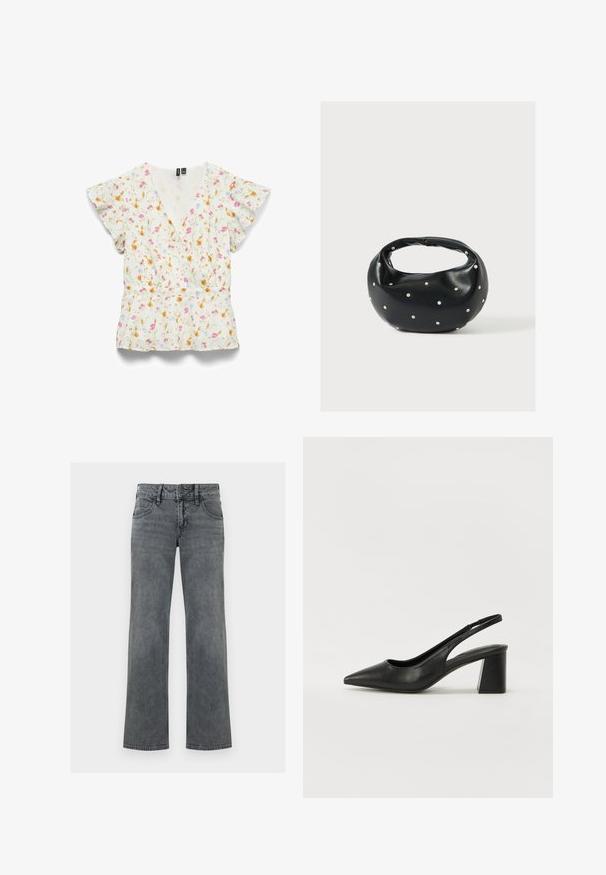 Blouse blanche à manches courtes avec col en V et manches à volants, ornée d'un petit motif floral rose, jaune et bleu.; Jeans en denim gris à jambe droite avec bouton frontal, fermeture éclair et cinq poches, présentés sur un fond blanc.; Escarpins en cuir noir à talon ouvert avec un bout pointu et un talon bloc. Présente un design découpé et une texture lisse, minimaliste et moderne.; Sac à main en cuir noir de forme arrondie, décoré de clous argentés et équipé d'une poignée courte. Texture lisse et fermeture éclair.