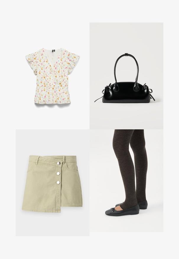 Blouse blanche à manches courtes avec col en V et manches à volants, ornée d'un petit motif floral rose, jaune et bleu.; Jupe portefeuille en jean beige avec boutons-pression argentés à l'avant et passants pour ceinture, présentant un léger chevauchement sur le côté droit avant.; Jambes portant des leggings côtelés foncés associés à des ballerines noires avec de petits détails en nœud sur fond blanc.; Petit sac à main noir brillant avec deux longues anses et des détails à cordon sur les côtés sur un fond clair uni.