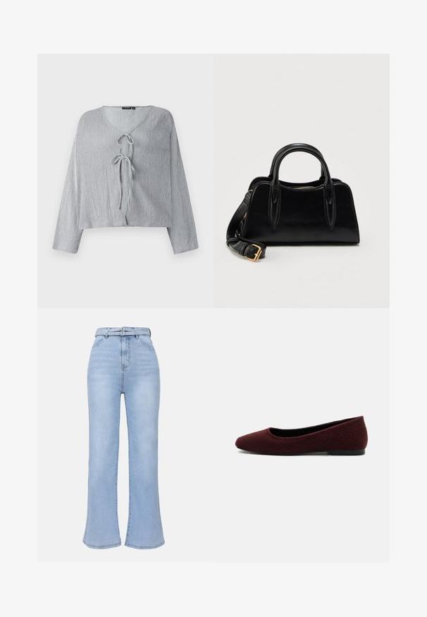 Blouse courte gris clair avec des manches longues, encolure en V et fermeture par lien à l'avant. Le tissu texturé présente des lignes verticales subtiles.; Even&Odd Jean flare - light blue wash; Chaussure plate femme bordeaux à bout arrondi et tissu texturé, semelle noire basse, vue de côté sur fond blanc.; Sac à main en cuir noir avec double poignée et bandoulière détachable à boucle dorée, présenté sur un fond blanc uni.