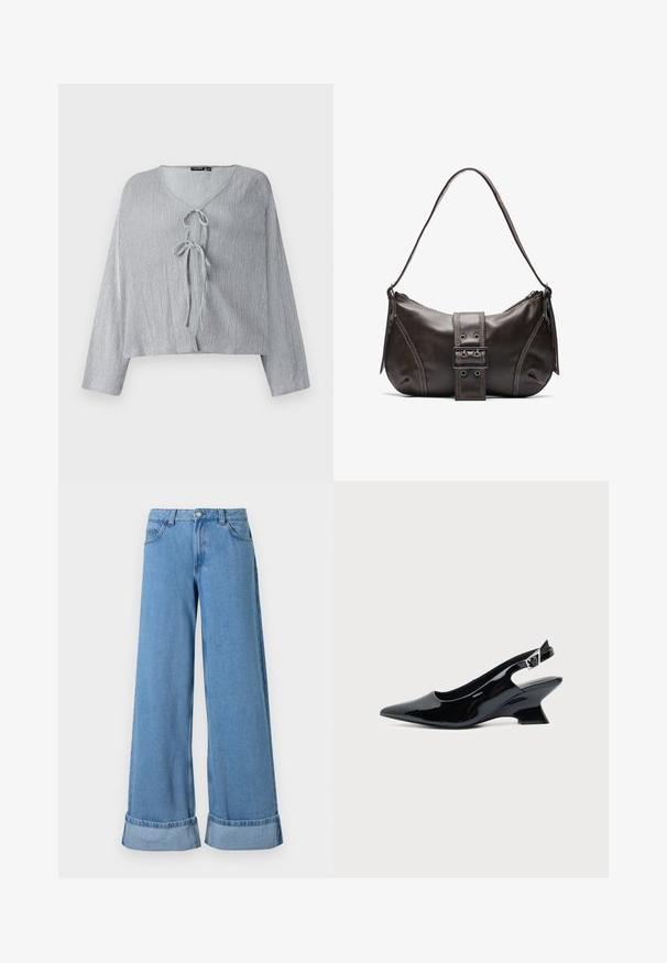 Blusa corta de color gris claro con manga larga, escote en V y cierre con lazo en el frente. La tela texturizada muestra líneas verticales sutiles.; Los vaqueros de denim azul claro de pierna ancha presentan una cintura alta, puños enrollados, un diseño de cinco bolsillos y un cierre de botón con cremallera.; Zapato slingback de cuero charol negro con puntera puntiaguda y tacón bajo en bloque inclinado sobre fondo claro liso.; Bolso de hombro de cuero marrón con forma curva, que presenta un prominente detalle de hebilla, costuras en contraste y una sola correa para el hombro.