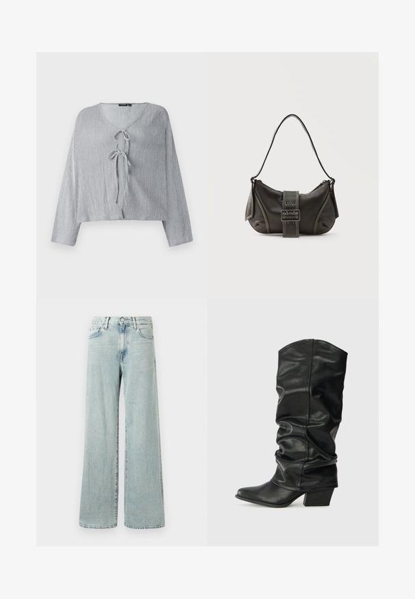 Blouse courte gris clair avec des manches longues, encolure en V et fermeture par lien à l'avant. Le tissu texturé présente des lignes verticales subtiles.; Jean large bleu clair en denim, avec taille haute, cinq poches et un ourlet qui tombe jusqu'à la cheville avec des bords effilochés.; Bottes noires en cuir, montantes jusqu'au genou, avec un design plissé, un bout pointu et un talon épais, présentant une texture lisse et des coutures minimales.; Sac à épaule en cuir noir avec une sangle à boucle, des bords arrondis et des coutures blanches contrastées sur un fond uni.