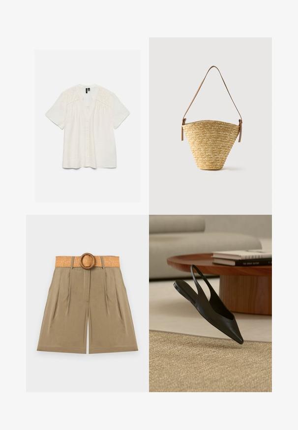 Blouse blanche à manches courtes avec boutonnière sur le devant et broderie florale découpée aux épaules et en haut de la poitrine.; Short beige taille haute avec plis devant et une large ceinture tissée avec une grande boucle ronde en bois.; Chaussure plate noire à bout pointu avec bride arrière près d'une table ronde en bois avec des livres empilés sur un tapis beige dans un salon moderne.; Sac seau en paille tissée avec une base large, un sommet étroit et une bandoulière en cuir marron ajustable.