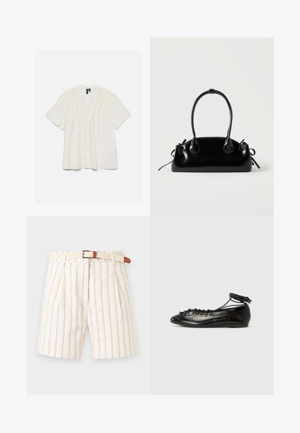 Blouse blanche à manches courtes avec boutonnière sur le devant et broderie florale découpée aux épaules et en haut de la poitrine.; Shorts blancs avec fines rayures verticales rouges et plis, dotés d'une ceinture beige tressée avec une boucle dorée et des détails en cuir marron.; Ballerines en cuir verni noir avec un bout rond, un design à lacets et une semelle plate. Texture lisse avec peu de détails.; Petit sac à main noir brillant avec deux longues anses et des détails à cordon sur les côtés sur un fond clair uni.