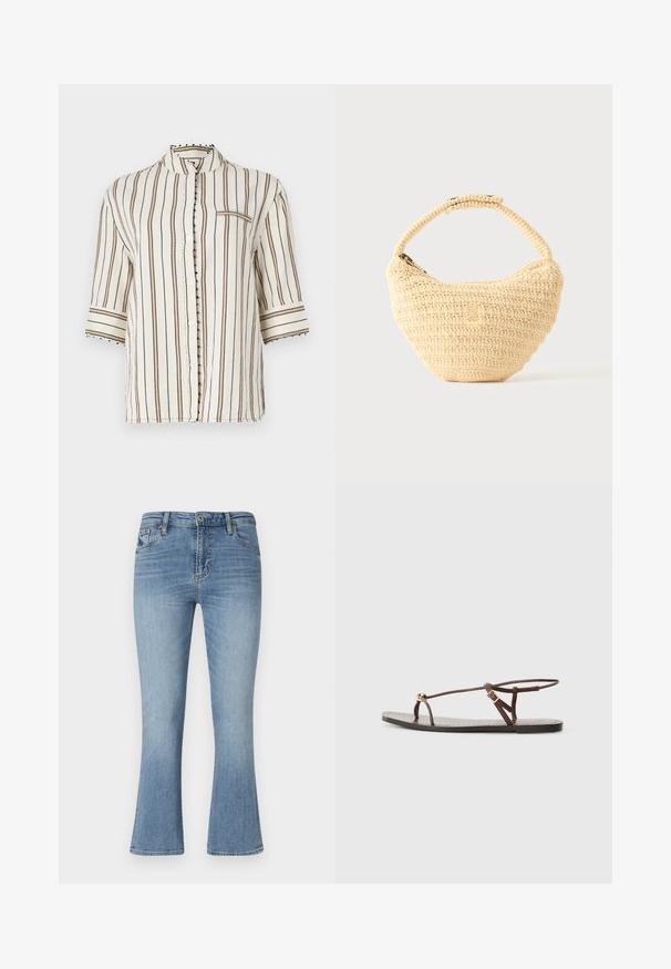 Chemise légère de couleur crème avec des rayures verticales marron, col mandarin, manches courtes et accents de boutons décoratifs le long de la patte de boutonnage.; Jean évasé bleu clair en denim. Il présente une taille mi-haute, cinq poches et des passants de ceinture. Détails de décoloration et couture visibles.; Sandale en cuir marron avec des fines lanières, un accent circulaire doré et une semelle plate. Design minimaliste avec un détail de boucle réglable.; Sac à main beige tissé avec corps arrondi, fermeture éclair et une sangle courte et épaisse dans un style crochet simple et texturé.