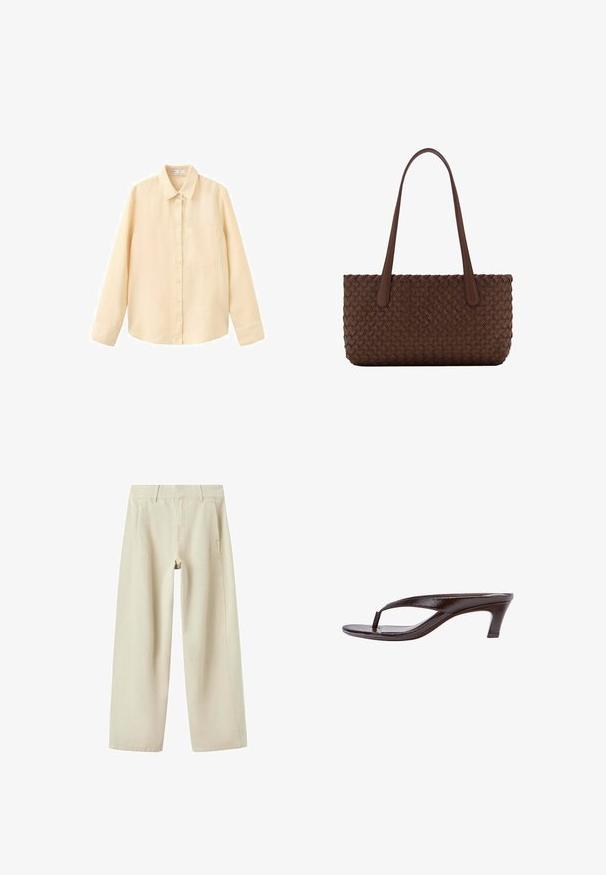 Chemise beige à manches longues avec boutons, col et poche poitrine, présentée sur un fond blanc.; Pantalon beige à jambes larges avec poches latérales, passants de ceinture et coutures visibles, présenté à plat sur fond blanc.; Sandale en cuir verni marron foncé avec bride en tongs, petit talon kitten et semelle incurvée, vue latérale sur fond blanc.; Sac à main en cuir marron avec un motif tissé, avec deux longues anses fines pour un port à l'épaule.