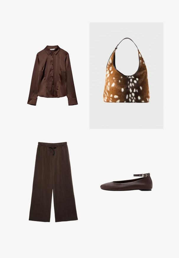 Chemise boutonnée en satin marron avec un col pointu, des manches longues et une texture lisse. Présente des poches avant et une coupe décontractée.; Pantalon marron à jambes larges avec taille élastique et cordon, en tissu doux, présenté sur fond blanc.; Chaussure plate marron foncé avec bout arrondi et bride de cheville réglable avec boucle argentée sur fond blanc.; Sac à main marron et noir avec une texture en fourrure blanche tachetée, doté d'une seule bandoulière noire, sur un fond uni.