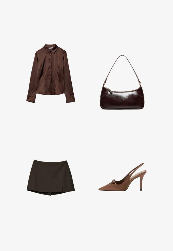Chemise boutonnée en satin marron avec un col pointu, des manches longues et une texture lisse. Présente des poches avant et une coupe décontractée.; Skort noir taille haute avec une petite fente latérale, combinant une jupe devant avec un short attaché en dessous pour une tenue active ou décontractée.; Escarpin slingback marron à bout pointu avec un petit nœud sur le devant et un talon aiguille fin.; Sac à bandoulière en cuir marron foncé avec une seule sangle et une fermeture éclair, forme rectangulaire avec des bords arrondis sur fond blanc.