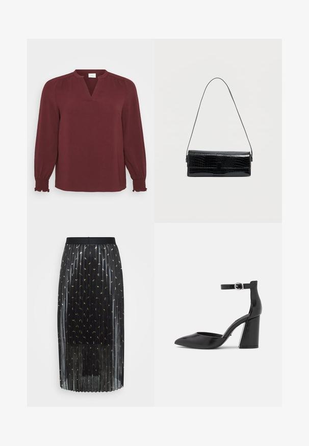 Bordeaux blouse met lange mouwen, V-hals, plissé details bij de schouders en smock manchet. Gemaakt van textiel met een lichte, gestructureerde stof.; Zwarte geplooide rok met een zijdezachte textuur en gouden folieaccenten die verspreid zijn over de stof. Elastische tailleband voor comfort en een goede pasvorm.; ONLY SHOES ONLPAVI - Klassieke pumps - black; Zwarte schoudertas van imitatie-krokodillenleer, rechthoekige vorm, glanzende textuur, met een dunne verstelbare schouderriem en een voorflap met sluiting.
