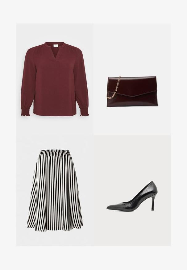 Blusa burdeos con mangas largas, escote en V, detalles plisados en los hombros y puños fruncidos. Está hecha de una tela texturada y ligera.; Falda de línea A con rayas verticales en blanco y negro, cinturilla elástica, largo hasta la rodilla, silueta acampanada, presentada sobre un fondo liso.; Zapato de tacón alto de mujer en piel negra patentada, con punta puntiaguda y tacón delgado, sobre un fondo claro y liso.; Bolso de mano de cuero en burdeos oscuro con diseño de sobre. Presenta una cadena dorada, textura suave y cierre en forma de punta.
