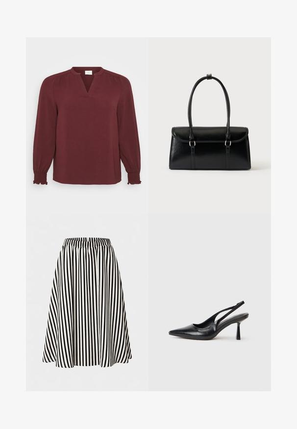 Bordeaux blouse met lange mouwen, V-hals, plissé details bij de schouders en smock manchet. Gemaakt van textiel met een lichte, gestructureerde stof.; Zwart-wit gestreepte A-lijn rok met verticale strepen, elastische tailleband, knie lengte, uitlopende silhouet, getoond op een effen achtergrond.; Zwarte leren slingback hoge hak schoenen met puntige neus en slanke hak op een witte achtergrond.; Zwarte leren rechthoekige handtas met klep en twee lange handvatten tegen een effen witte achtergrond.