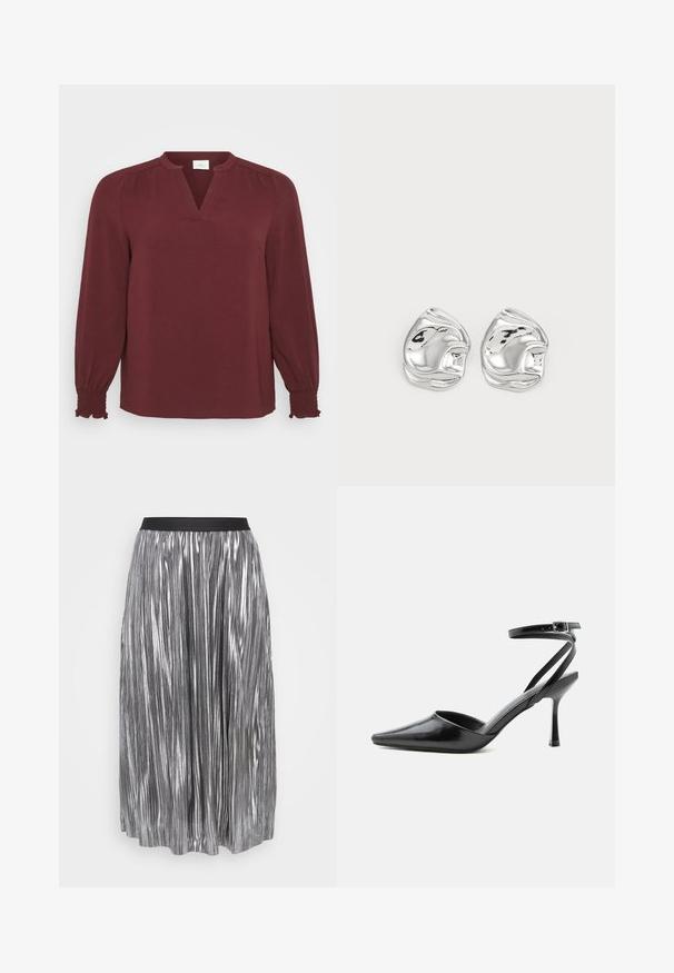 Blusa burdeos con mangas largas, escote en V, detalles plisados en los hombros y puños fruncidos. Está hecha de una tela texturada y ligera.; Falda plisada plateada hecha de tela metálica con una cinturilla elástica negra. Presenta pliegues brillantes verticales y una longitud a mitad de pantorrilla.; Zapato de tacón alto negro de punta fina con delgadas correas en el tobillo y cierre de hebilla plateada sobre un fondo liso claro.; Pendientes de studs en forma abstracta de plata con un acabado pulido, que presentan curvas suaves y contornos sutiles. Sin patrones o acentos visibles.