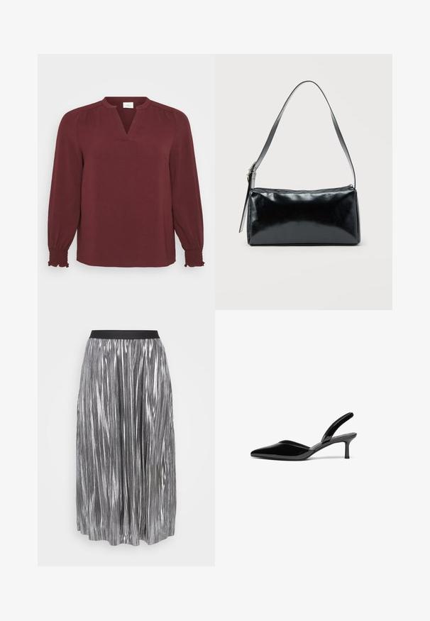 Blusa burdeos con mangas largas, escote en V, detalles plisados en los hombros y puños fruncidos. Está hecha de una tela texturada y ligera.; Falda plisada plateada hecha de tela metálica con una cinturilla elástica negra. Presenta pliegues brillantes verticales y una longitud a mitad de pantorrilla.; Tacones slingback de charol negro con punta afilada, tacón de aguja bajo y un diseño elegante y simple sin adornos.; Bolso de hombro rectangular negro con una correa ajustable y un cierre de cremallera superior sobre un fondo liso.