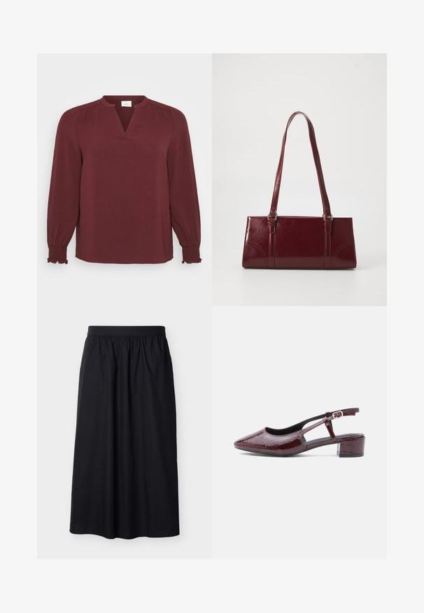 Burgundy-paitainen paita, jossa on pitkät hihat, V-niskan muotoinen kaula-aukko, pleated-yksityiskohtia olkapäillä ja smockatut hihat. Valmistettu teksturoidusta, kevyestä kankaasta.; Musta midimittainen hame, jossa on joustava vyötärö, ylhäällä kerätty kangas ja suora, löysä istuvuus.; Burgundin värinen slingback-kengät, joissa on terävä kärki, krokotiilinkuosiset yksityiskohdat, aukotettu sivu ja matala lohkokanta, jossa on soljellinen hihna.; Burgundin värinen käsilaukku, joka on valmistettu kiiltävästä materiaalista, suorakaiteen muotoinen, kahdella olkahihnalla ja hienovaraisilla kaarevilla aksentteilla edessä.
