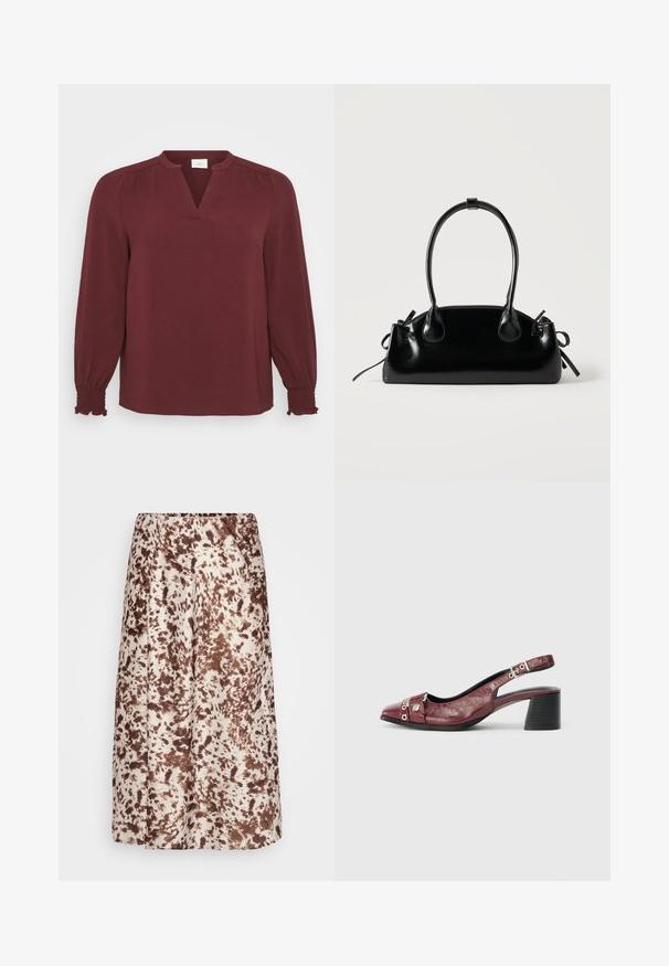 Blusa burdeos con mangas largas, escote en V, detalles plisados en los hombros y puños fruncidos. Está hecha de una tela texturada y ligera.; Falda de longitud media hecha de una tela suave, que presenta una base crema con patrones marrones similares a salpicaduras. Cintura elástica para mayor comodidad.; Zapato slingback de cuero burdeos con punta redonda, diseño curvado, acentos de metal plateado y tacón ancho. Acabado texturizado.; Pequeño bolso negro brillante con dos asas largas y detalles de cordón lateral sobre un fondo claro liso.