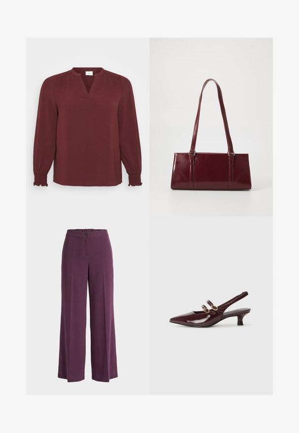 Bordeaux blouse met lange mouwen, V-hals, plissé details bij de schouders en smock manchet. Gemaakt van textiel met een lichte, gestructureerde stof.; Wijde paarse broek met hoge taille, knoop- en ritssluiting, gladde stof en een elastisch gedeelte aan de achterkant van de tailleband.; Marco Tozzi Klassieke pumps - bordeaux; Bourgondische handtas van glanzend materiaal, rechthoekige vorm, met twee schouderbanden en subtiele gebogen accenten aan de voorkant.