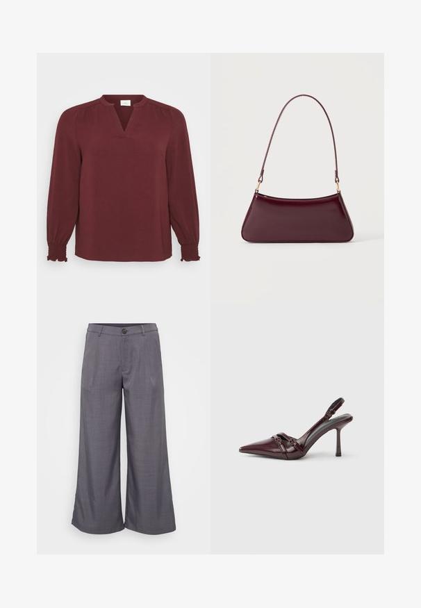 Blusa burdeos con mangas largas, escote en V, detalles plisados en los hombros y puños fruncidos. Está hecha de una tela texturada y ligera.; Pantalones grises de pierna ancha hechos de una tela suave, con cierre de botón en el frente, pliegues y un ajuste relajado hasta el tobillo.; Zapato de tacón slingback de charol burdeos con puntera puntiaguda, fina correa en el tobillo y pequeño detalle decorativo de hebilla. Textura suave y tacón alto.; Bolso brillante de color burdeos oscuro con un asa fina y única y una forma elegante de trapecio sobre un fondo claro y liso.