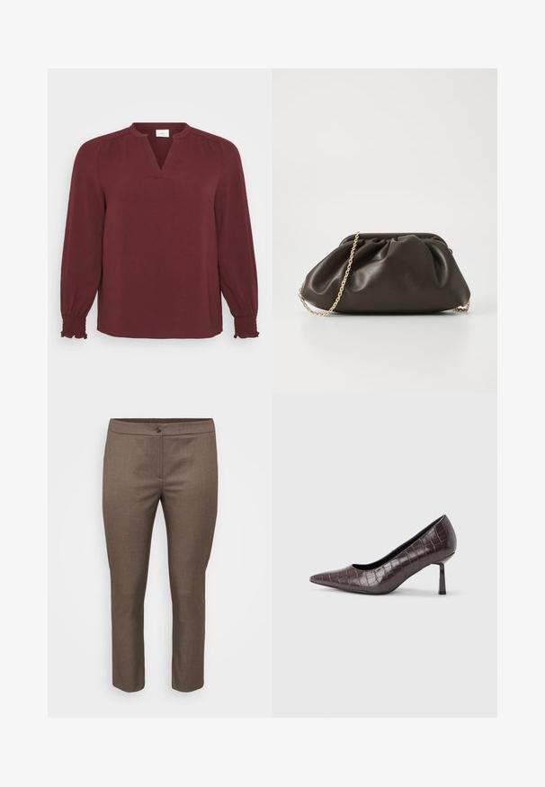 Bordeaux blouse met lange mouwen, V-hals, plissé details bij de schouders en smock manchet. Gemaakt van textiel met een lichte, gestructureerde stof.; Bruine op maat gemaakte broeken van gestructureerde stof, met een knoopsluiting en een slim fit ontwerp met rechte benen en geen zichtbare zakken.; Bruine nepleren pumps met een puntige neus en krokodillenstructuur, voorzien van een slanke, hoekige hak en een gladde binnenvoering.; Bruine leren handtas met een geaccentueerd ontwerp, gouden kettinghengsel en een zachte, textuurafwerking. Compacte vorm geschikt voor avondgebruik.
