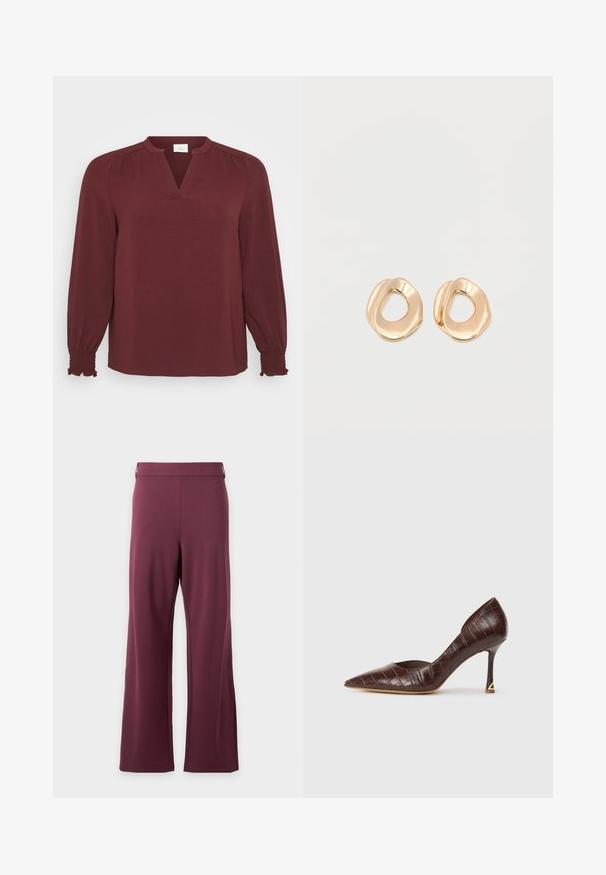 Bordeaux blouse met lange mouwen, V-hals, plissé details bij de schouders en smock manchet. Gemaakt van textiel met een lichte, gestructureerde stof.; Hoge taille, brede pijpen broek in effen donkerpaars met een gladde tailleband en zonder zichtbare zakken of patronen.; Bruine, krokodillenstructuur leren hoge hak schoenen met een spitse neus en een slanke hak met een gouden driehoekige accent.; Set van onregelmatig gevormde, gepolijste hoepel oorbellen van goudkleurig metaal met een open midden op een effen witte achtergrond.