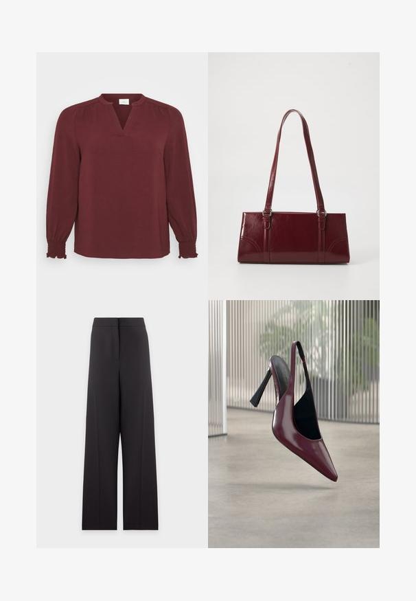 Bordeaux blouse met lange mouwen, V-hals, plissé details bij de schouders en smock manchet. Gemaakt van textiel met een lichte, gestructureerde stof.; Zwarte broek met hoge taille en wijde pijpen, voornaaddetails en een verborgen voorkantsluiting, weergegeven op een effen lichte achtergrond.; Glanzende donkerrode slingback met hoge hak, puntige neus en zwarte voering, zwevend boven een gladde betonnen vloer binnenshuis.; Bourgondische handtas van glanzend materiaal, rechthoekige vorm, met twee schouderbanden en subtiele gebogen accenten aan de voorkant.