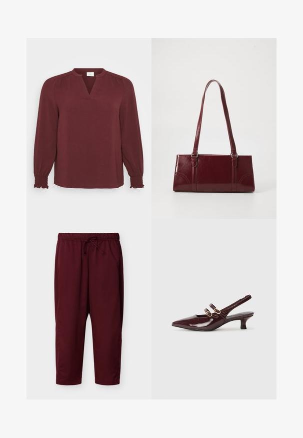 Bordeaux blouse met lange mouwen, V-hals, plissé details bij de schouders en smock manchet. Gemaakt van textiel met een lichte, gestructureerde stof.; Bordeauxrode broek met elastische taille en trekkoord, rechte pijpen en zijzakken, gepresenteerd tegen een lichte achtergrond.; Marco Tozzi Klassieke pumps - bordeaux; Bourgondische handtas van glanzend materiaal, rechthoekige vorm, met twee schouderbanden en subtiele gebogen accenten aan de voorkant.