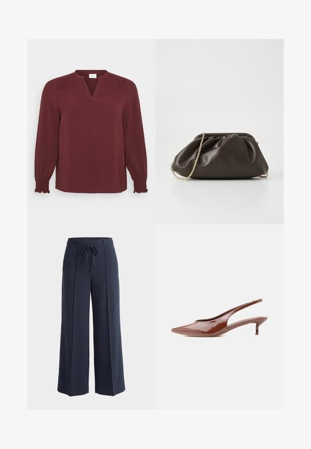Bordeaux blouse met lange mouwen, V-hals, plissé details bij de schouders en smock manchet. Gemaakt van textiel met een lichte, gestructureerde stof.; Marineblauwe broek met wijde pijpen, voorplooien en een stoffen ceintuur gestrikt in de taille, op een effen lichte achtergrond.; Glanzende bruine slingback kitten heel met puntige neus en lage, slanke hak op witte achtergrond.; Bruine leren handtas met een geaccentueerd ontwerp, gouden kettinghengsel en een zachte, textuurafwerking. Compacte vorm geschikt voor avondgebruik.