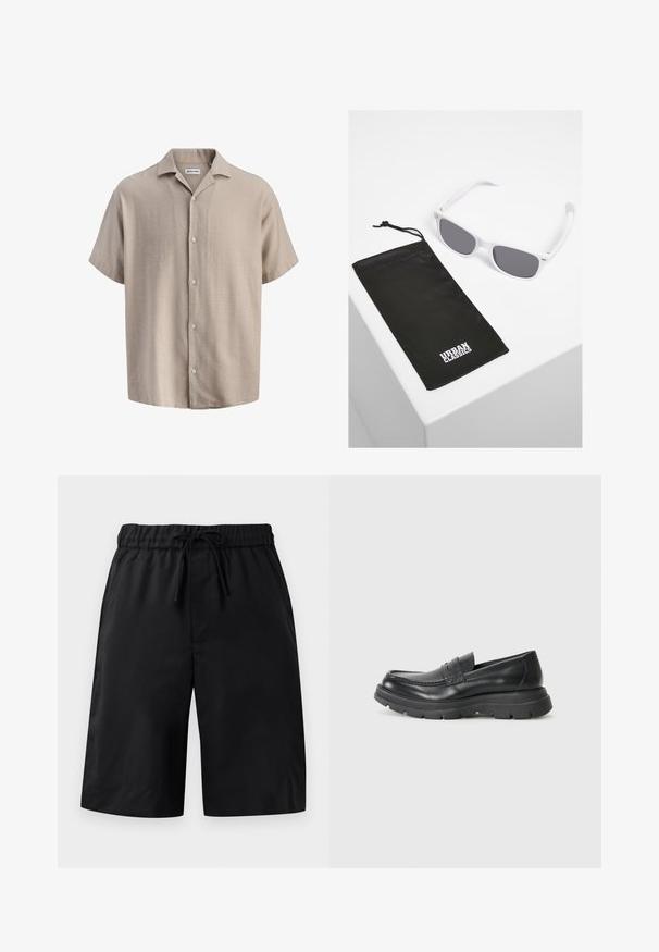 Chemise beige à manches courtes avec boutonnage, col de style camp, tissu texturé et étiquette Jack & Jones à l'intérieur de l'encolure.; Shorts noirs avec une taille élastique et un cordon de serrage. Dotés d'une texture lisse et d'une coupe ample. Design simple sans poches ni embellissements.; Chaussure noire en cuir à enfiler avec un design mocassin, embout arrondi, semelle en caoutchouc épaisse et subtil détail de couture sur la partie supérieure.; Lunettes de soleil en plastique blanc avec verres gris à côté d'une pochette en tissu noir ornée d'un logo "URBAN CLASSICS" en lettres majuscules blanches.