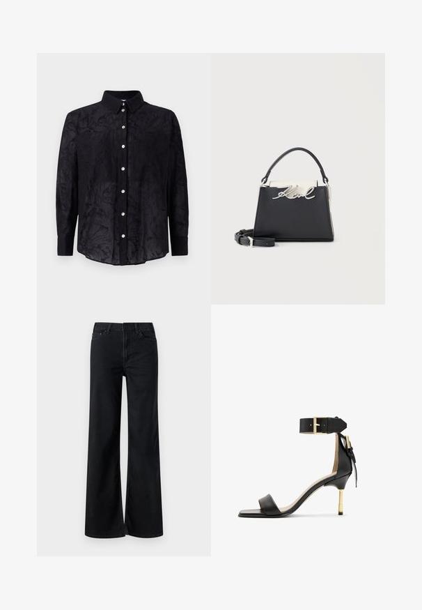 Sort button-up skjorte lavet af letvægtsstof med en subtil floral tekstur, der har krave og frontknaplukning.; Sorte bukser med brede ben lavet af denim. Har et klassisk fem-lomme design, lynlåsåbning og subtile stikningsdetaljer. Glat overflade.; Sort læder hæl sandal med firkantet tå, ankelrem med en guldbuckle og en slank metallisk hæl. Glat tekstur, minimalistisk design.; Sort og hvid trapezformet håndtaske med sølv "Karl" logo, top-håndtag og aftagelig skulderrem på ensfarvet baggrund.