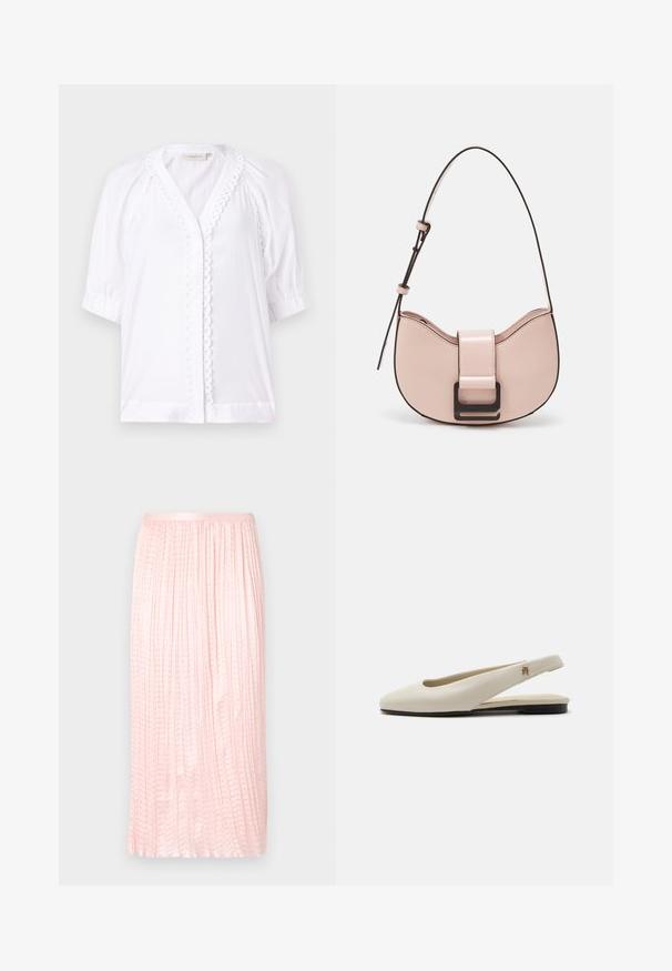 Witte blouse met korte poffertjesmouwen, V-hals, gekartelde afwerking langs de sluiting, en een gladde stoftextuur. Geen zichtbare sluitingen.; Plissé midi-rok in zachtroze, met een soepele textuur en een elastische tailleband. Ontworpen met verticale plooien voor een vloeiende uitstraling.; Crèmekleurige leren slingback platte schoen met ronde neus en klein gouden embleem op het bandje.; Kleine, gebogen roze leren handtas met een glanzende afwerking, voorzien van een zwarte accentriem en een grote zwarte sluiting. Crossbody ontwerp.