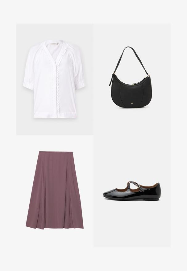 Witte blouse met korte poffertjesmouwen, V-hals, gekartelde afwerking langs de sluiting, en een gladde stoftextuur. Geen zichtbare sluitingen.; Een knie-lange rok in een gedempte mauve kleur, gemaakt van lichte stof met een geplooid design en een gladde textuur. Geen zichtbare sluitingen.; Zwarte lakleren Mary Jane platte schoen met twee uitsparingen en een gouden gespbandje op een witte achtergrond.; Zwarte leren handtas met een gebogen vorm, textuuroppervlak, voornaden en een logo in goudkleur. Beschikt over een enkele verstelbare schouderband.