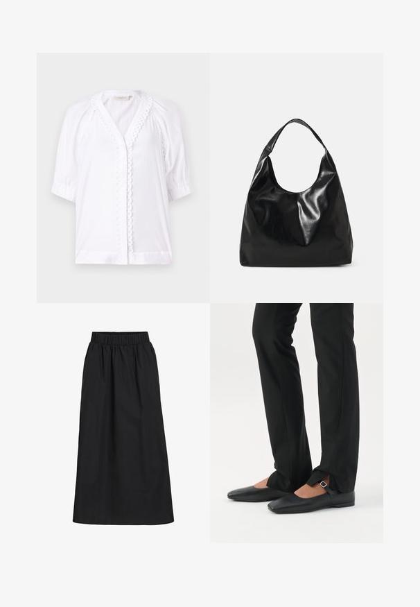 Witte blouse met korte poffertjesmouwen, V-hals, gekartelde afwerking langs de sluiting, en een gladde stoftextuur. Geen zichtbare sluitingen.; Zwarte, knie-lange rok gemaakt van zachte, lichte stof. Heeft een elastische tailleband en een eenvoudig, vloeiend ontwerp zonder versieringen.; Benen met zwarte smalle broek met voorsplitten aan de zoom, gecombineerd met zwarte platte Mary Jane-schoenen met een klein gespje.; Zwarte leren hobo tas met een zachte, glanzende textuur en een ronde, open bovenkant. Voorzien van een brede, gebogen schouderband om te dragen. Geen zichtbare hardware.