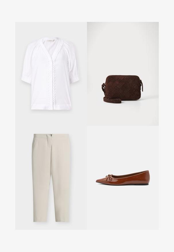 Witte blouse met korte poffertjesmouwen, V-hals, gekartelde afwerking langs de sluiting, en een gladde stoftextuur. Geen zichtbare sluitingen.; Beige op maat gemaakte broek met rechte pijpen, zijzakken en een ritssluiting aan de voorkant. Soepele stof met een strak, minimalistisch design.; Bruine lakleren ballerina's met puntige neus, een strikdetail bovenop en een dunne zwarte zool.; Bruine suède schoudertas met een geweven ontwerp, ritssluiting en een verstelbare schouderband. Heeft een slanke, rechthoekige vorm.